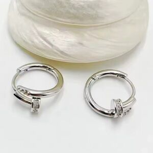 14K White Gold and Diamond Accent Nail Huggie Hoop Earrings Designer Inspired